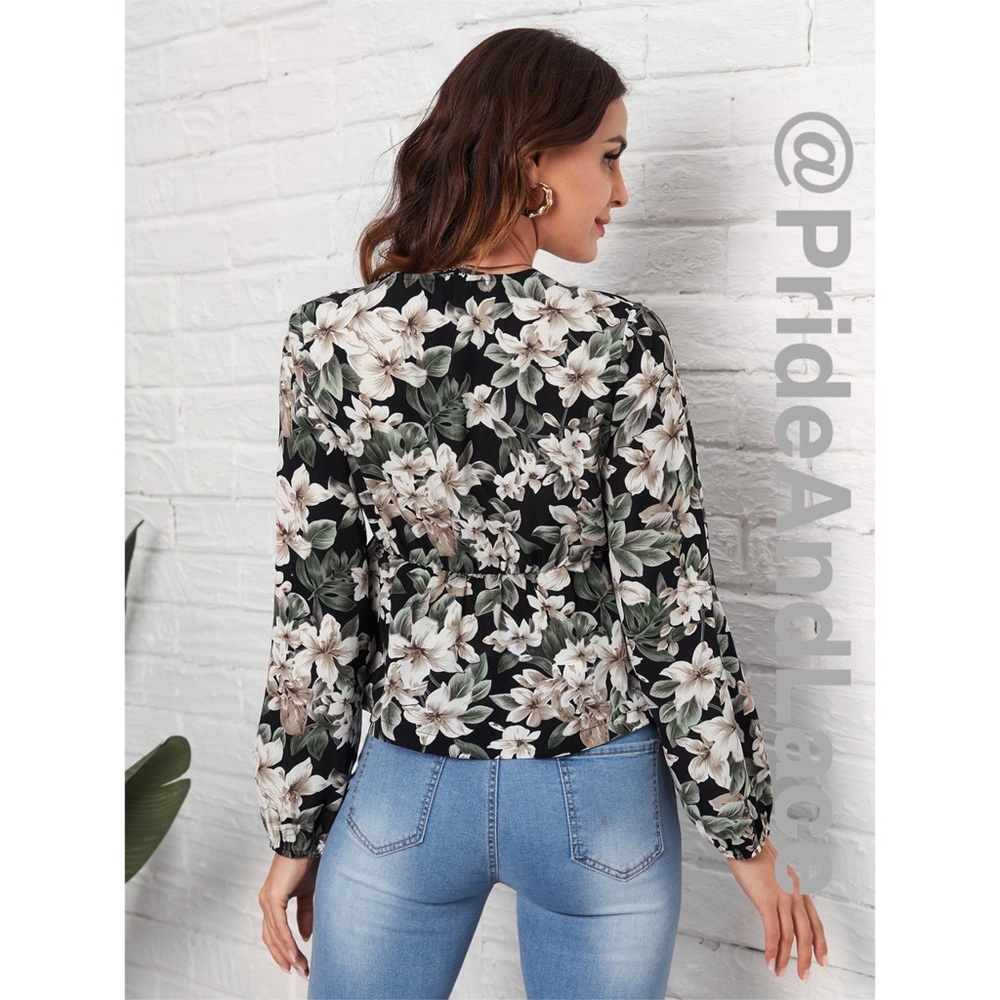 LAST 1️⃣ 🤍Black Tie Front Floral Print Peplum Top - Picture 5 of 6